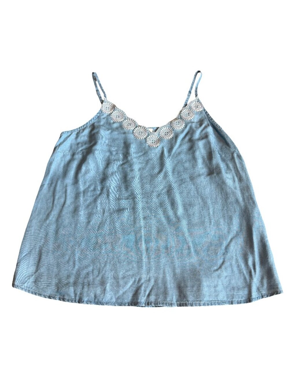Mine Chambray Blue Lace Trim Swing Camisole Tank Top Shirt Trapeze Small Women's